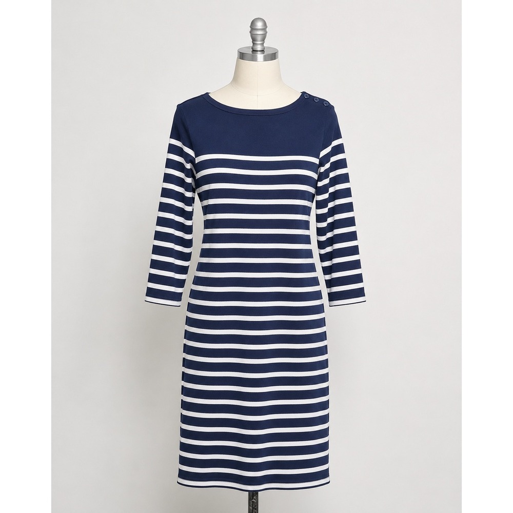 LL Bean Striped T-Shirt Dress Womens L Navy Blue Excellent Nautical Coastal